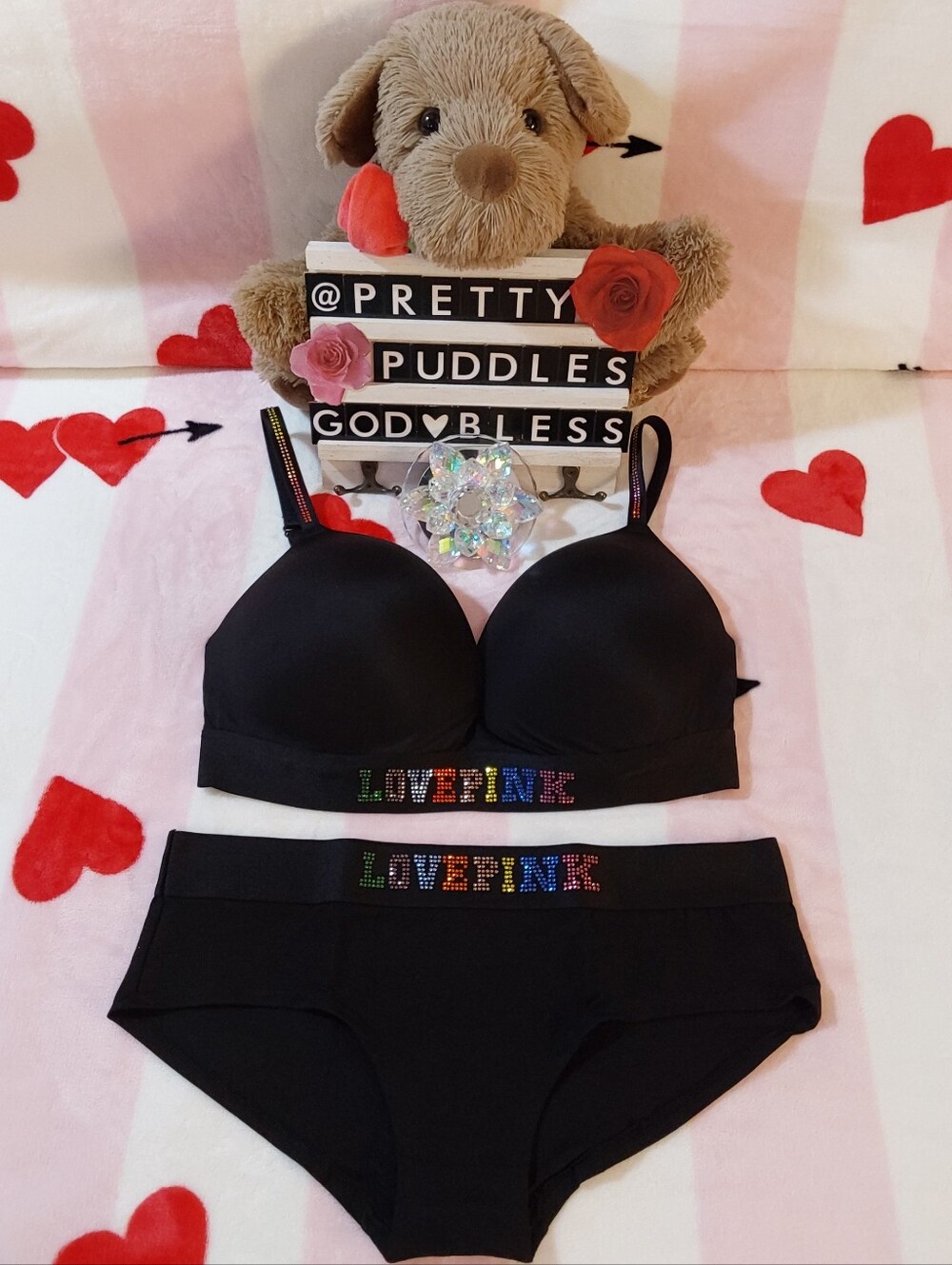 🌈 2pc HTF LIMITED EDITION PINK 💎 BLING 💎 Rainbow Logo Bra & Hipster Set 🌈